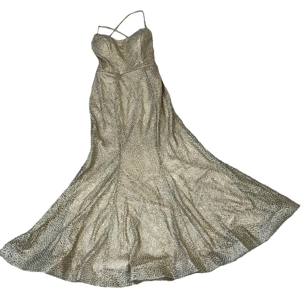 Camille La Vie Size 14 Corset Back Full Length Strappy Dress Gold